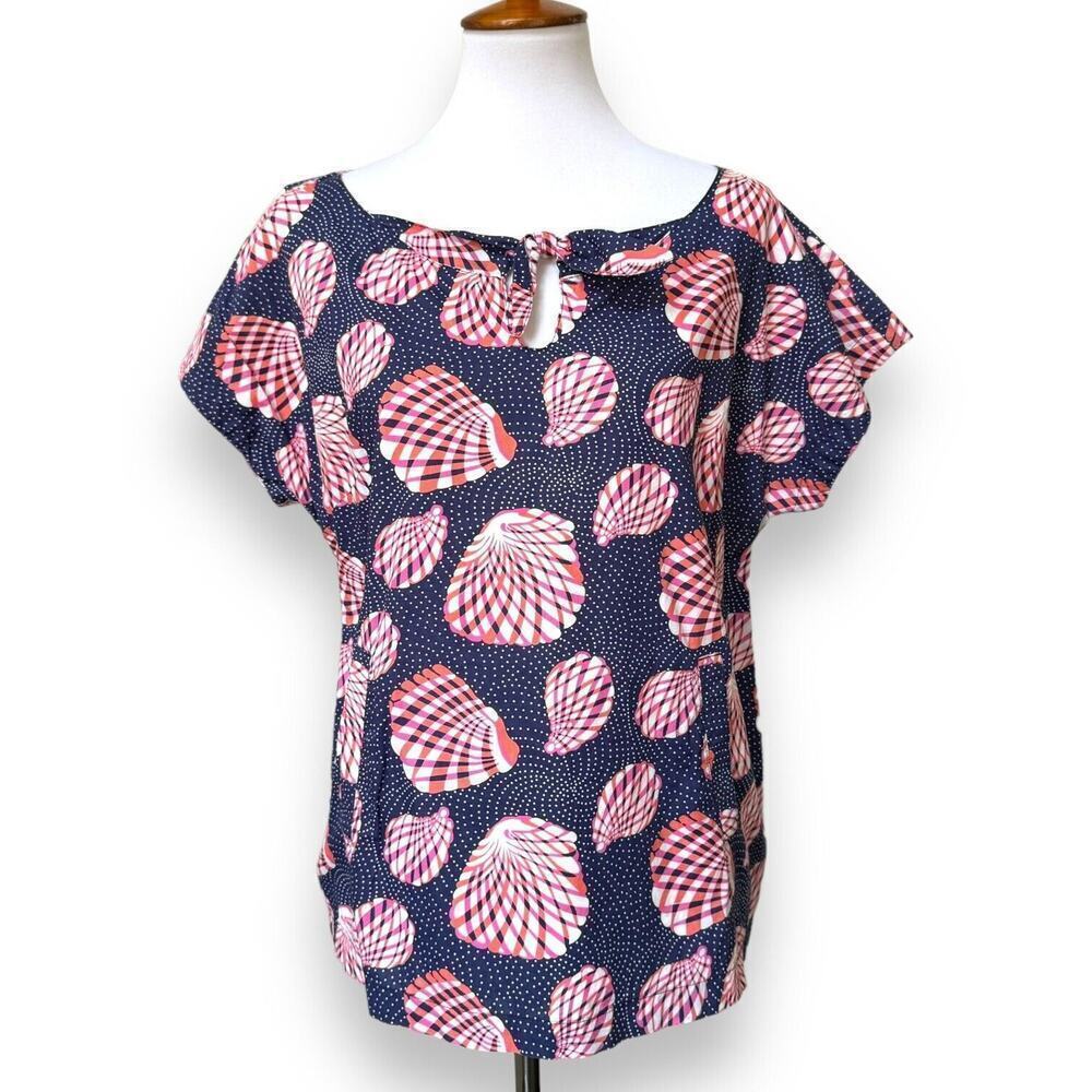 Lilly Pulitzer Hannah Blouse Navy Great Escape Tie Front Cap Sleeve L